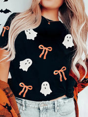 Black Sequin Bow Ghost Patched Halloween Graphic Tee - Damesmode Afbeelding 5 - Miniatuur
