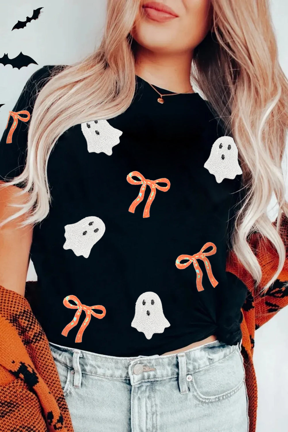 Black Sequin Bow Ghost Patched Halloween Graphic Tee - Damesmode Afbeelding 5