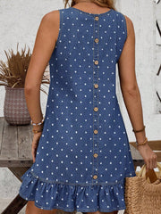 Blue Polka Dot Ruffle Hem Sleeveless Denim Mini Dress - Women's Fashion Image 2 - Miniatuur