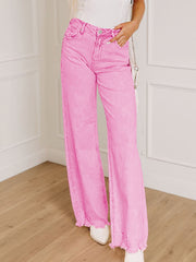 Pink Acid Wash High Waist Uneven Raw Hem Shift Jeans - Miniatuur