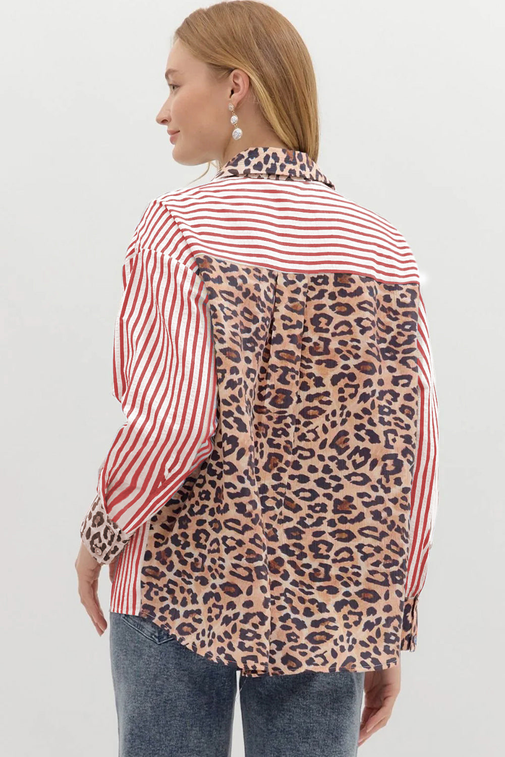 Himmelblå stribet leopardmønstret patchwork skjorte til kvinder