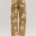 Khaki Floral Print Metal Button Pleated Straight Leg Jeans - Foto 4