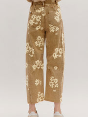 Khaki Floral Print Metal Button Pleated Straight Leg Jeans - Miniatuur