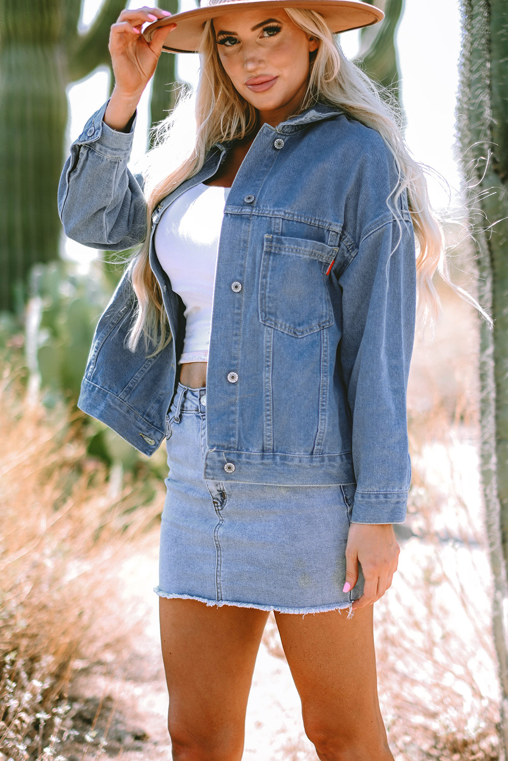 Blue Stripe Washed Oversize Pocketed Denim Jacket - Women's Fashion Image 6
