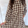 Brown Plaid Long Sleeve Short Shift Mini Dress - Damesmode Afbeelding 3 - Foto 3