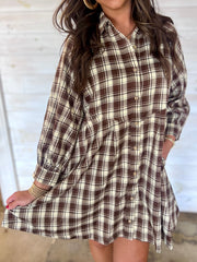 Brown Plaid Long Sleeve Short Shift Mini Dress - Damesmode Afbeelding 3 - Miniatuur