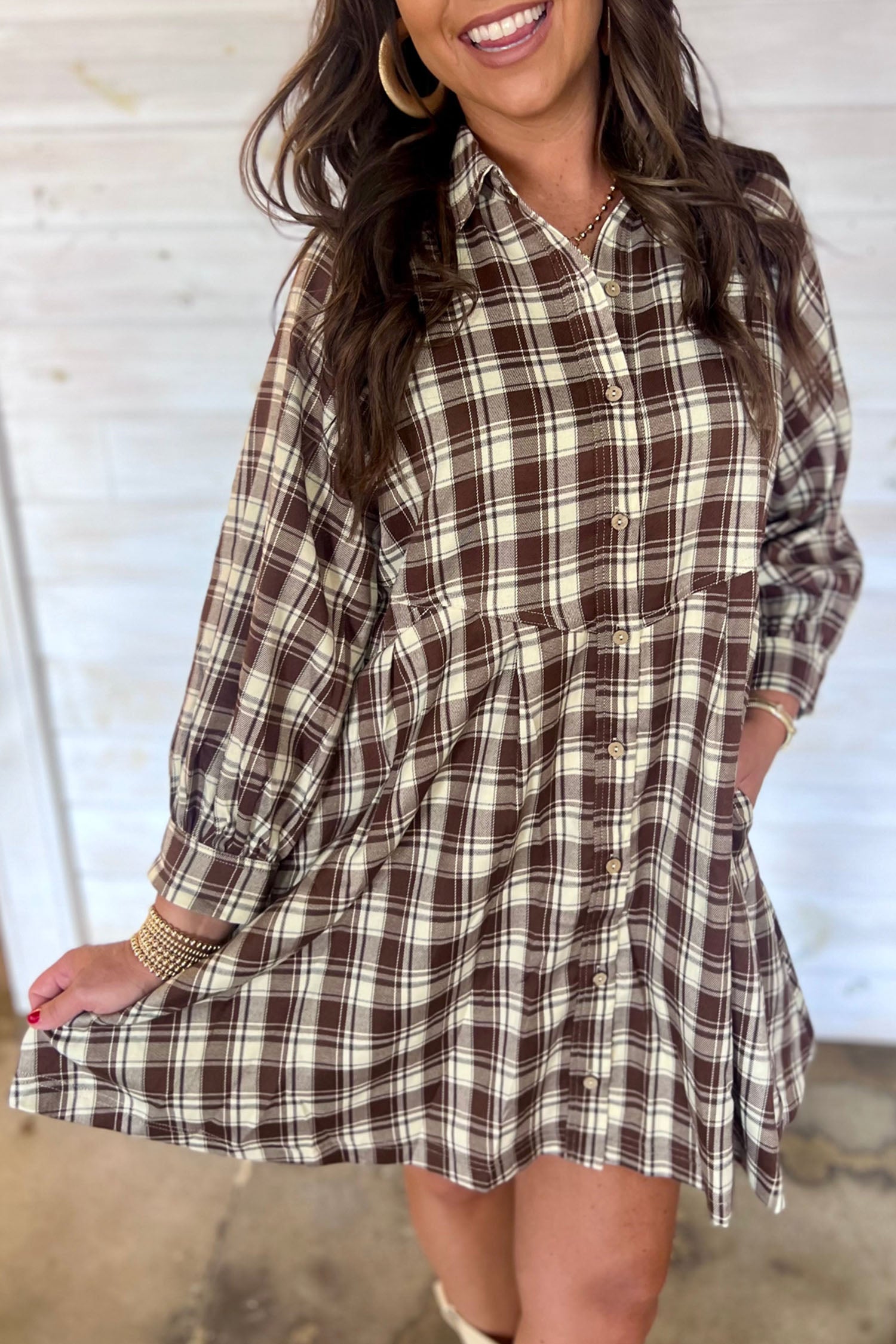 Brown Plaid Long Sleeve Short Shift Mini Dress - Damesmode Afbeelding 3