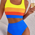 Blue Colorblock Square Neck Top Pleated High Waisted Bikini - Damesmode Afbeelding 5 - Foto 5
