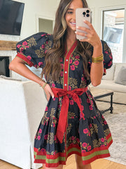 Black Retro Floral Print Button Down Belted Short Puff Sleeve Mini Dress - Damesmode Afbeelding 4 - Miniatuur