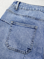 Sky Blue Striped Paisley Mixed Patchwork Raw Hem Denim Shorts - Miniatuur