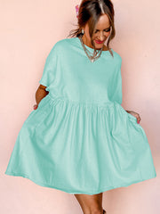 Light Pink Solid Color Pocketed Raw Edge Babydoll Dress - Miniatuur
