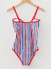 Red July 4th Stripes Impression Cutout Spaghetti Straps One Piece Swimsuit - Miniatuur