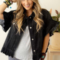 Black Raw Edge Ruffled Short Sleeve Denim Jacket - Damesmode Afbeelding 5 - Foto 5