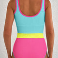 Iceland Blue Textured Color Block Patchwork One Piece Swimsuit - Foto 2