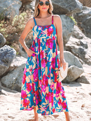 Dark Blue Floral High Waist Sleeveless Flared Long Dress - Miniatuur