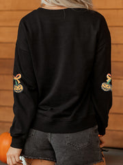 Black Halloween Sequin Pumpkin Graphic Relaxed Pullover Sweatshirt - Damesmode Afbeelding 4 - Miniatuur