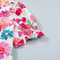 Beige Floral Print Short Puff Sleeve Striped Trim V Neck Blouse - Damesmode Afbeelding 6 - Foto 6