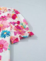 Beige Floral Print Short Puff Sleeve Striped Trim V Neck Blouse - Damesmode Afbeelding 6 - Miniatuur