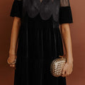 Black Embroidered Velvet Short Sleeve Mini Shift Dress - Damesmode Afbeelding 1 - Foto 1