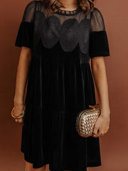 Black Embroidered Velvet Short Sleeve Mini Shift Dress - Damesmode Afbeelding 1 - Miniatuur