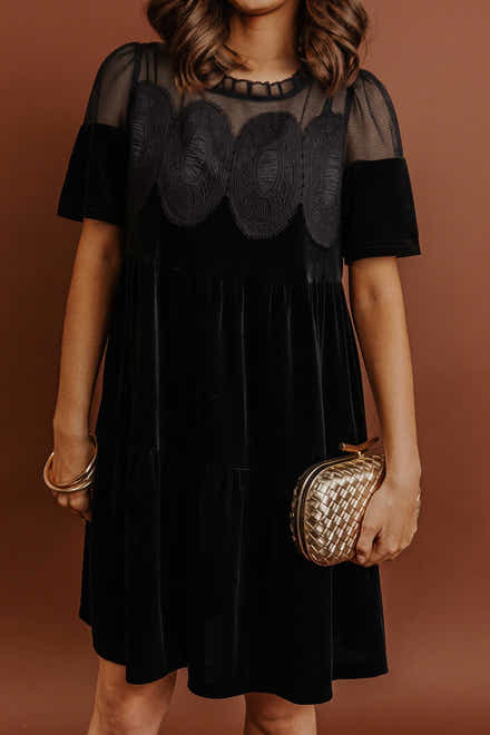 Black Embroidered Velvet Short Sleeve Mini Shift Dress - Damesmode Afbeelding 1