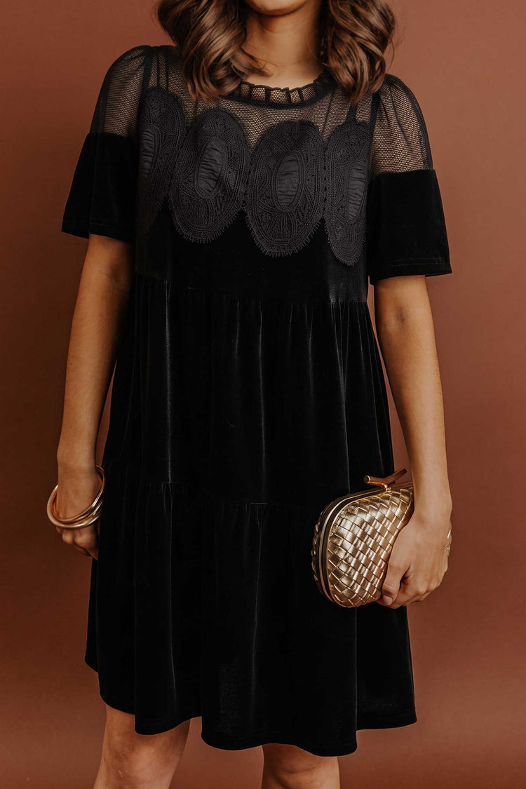 Black Embroidered Velvet Short Sleeve Mini Shift Dress - Damesmode Afbeelding 1 - Damesmode