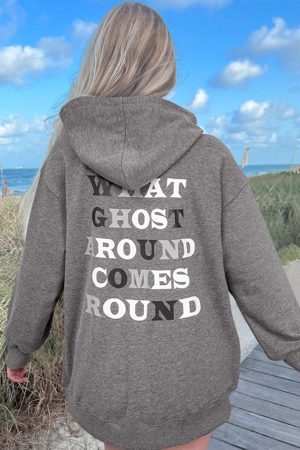 Dunkelgrauer niedlicher Halloween-Geister-Print Mineral Wash Oversize-Hoodie