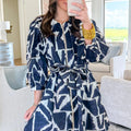 Blue Abstract Geometric Print Zip Front Tie Waist Shift Dress - Damesmode Afbeelding 5 - Foto 5