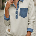 Sleet Denim Collar Patchwork Long Sleeve Pullover Top - Foto 6