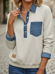 Schneeregen Denim-Kragen-Patchwork-Langarmpullover Top - Miniatuur