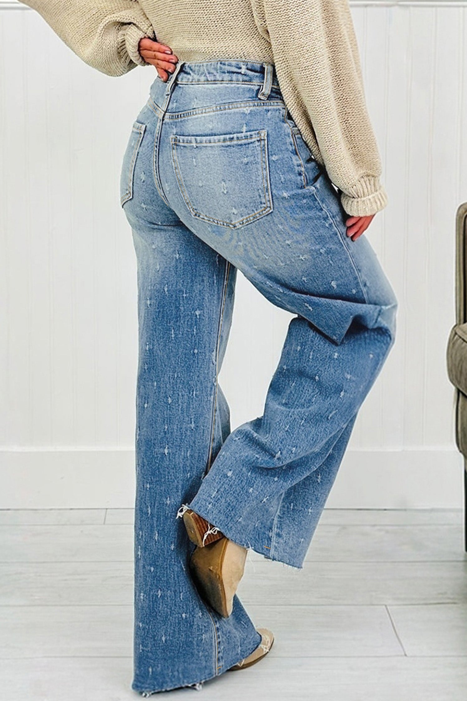 Nebelblaue Distressed Detail Bauchkontrolle Roh-Saum-Jeans