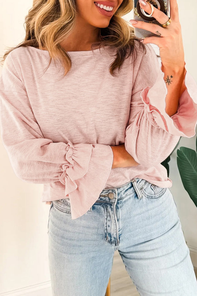 Gossamer-rosa Langarm-Rüschenärmel-Ärmelärmel Legeres, elegantes Oberteil - Damesmode