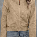 Pale Khaki, einfarbige, geometrische strukturierte Baseballkragenjacke - Foto 4