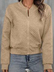 Pale Khaki Solid Geometrësch Texturéiert Baseball-Kragenjackett - Miniatuur