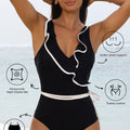 Black Color Contrast Ruffled Wrap V Neck Swimsuit - Damesmode Afbeelding 3 - Foto 3