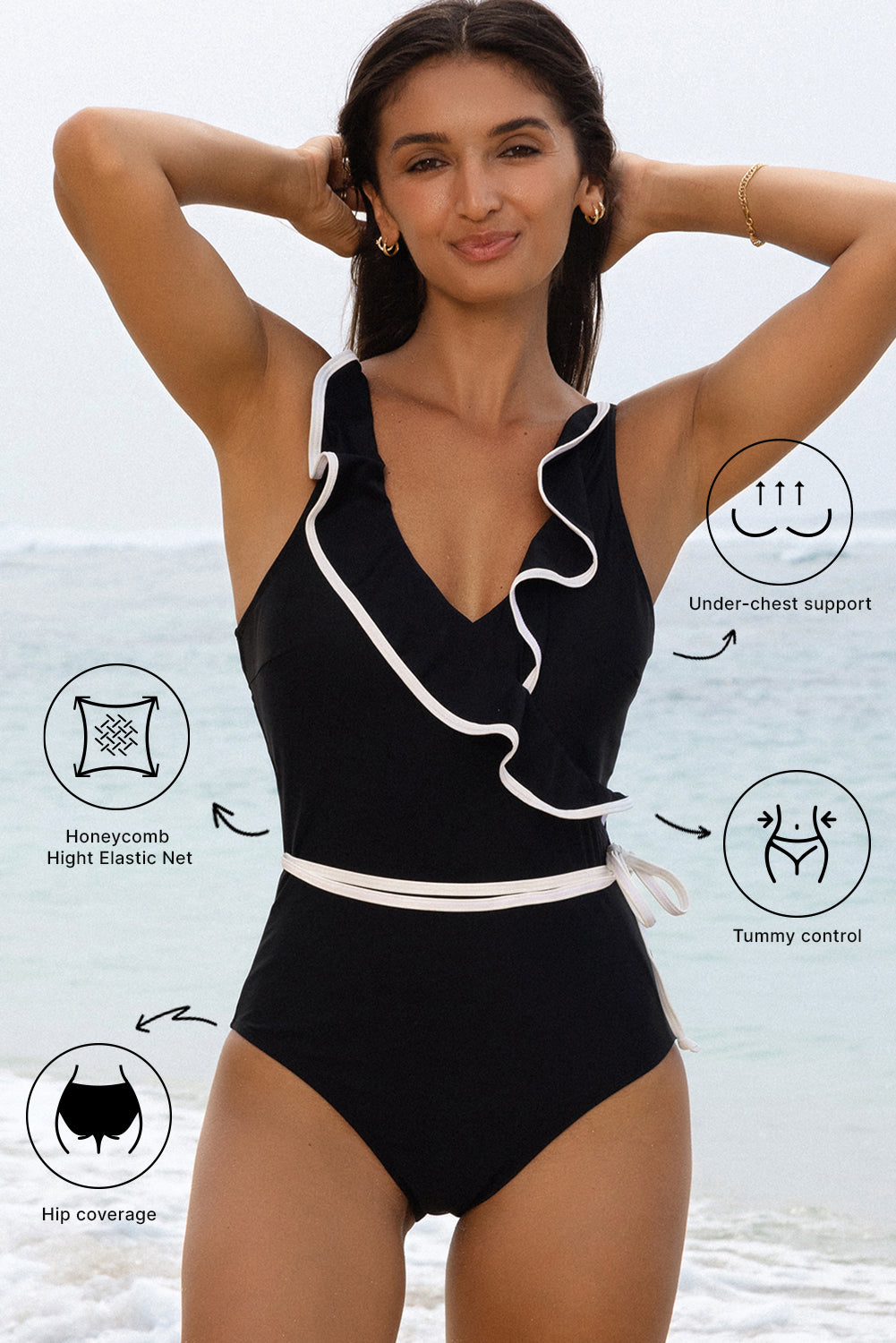 Black Color Contrast Ruffled Wrap V Neck Swimsuit - Damesmode Afbeelding 3