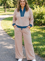Pink Stripe Striped Colorblock V Neck Long Sleeve Plus Size Set - Miniatuur