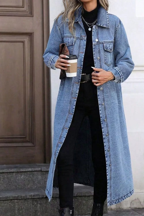 Longline Button-Front Denim Jacket - Detail