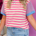 T-shirt a maniche corte a righe rosa a maniche corte a maniche corte e larghe - Foto 3