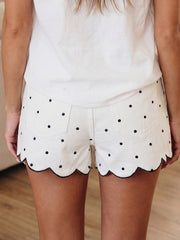 White Polka Dot Print Embroidered Scallop Hem Shorts - Miniatuur