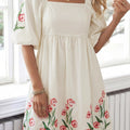Beige Floral Print Puff Sleeve Babydoll Dress - Damesmode Afbeelding 1 - Foto 1