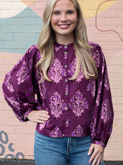 Purple Floral Print Button Front Long Puff Sleeve Shirt - Miniatuur