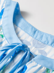 Himmelblå bluse med blomsterprint med slipshals og puffærmer - Miniatuur
