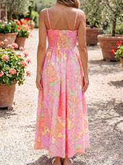 Pink Spaghetti Straps Floral Shirred High Waist Dress - Miniatuur