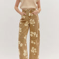 Khaki Floral Print Metal Button Pleated Straight Leg Jeans - Foto 6