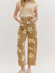 Khaki Floral Print Metal Button Pleated Straight Leg Jeans - Miniatuur