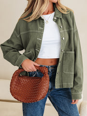Smoke Green Patched Pocket Collared Button Front Boyfriend Denim Jacket - Miniatuur