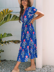 Himmelblaues, florales Puff-Kleid mit V-Ausschnitt und hohem Taille Maxi-Kleid - Miniatuur