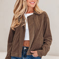Dark Khaki Button Zip Up Lapel Collar Corduroy Jacket - Foto 1