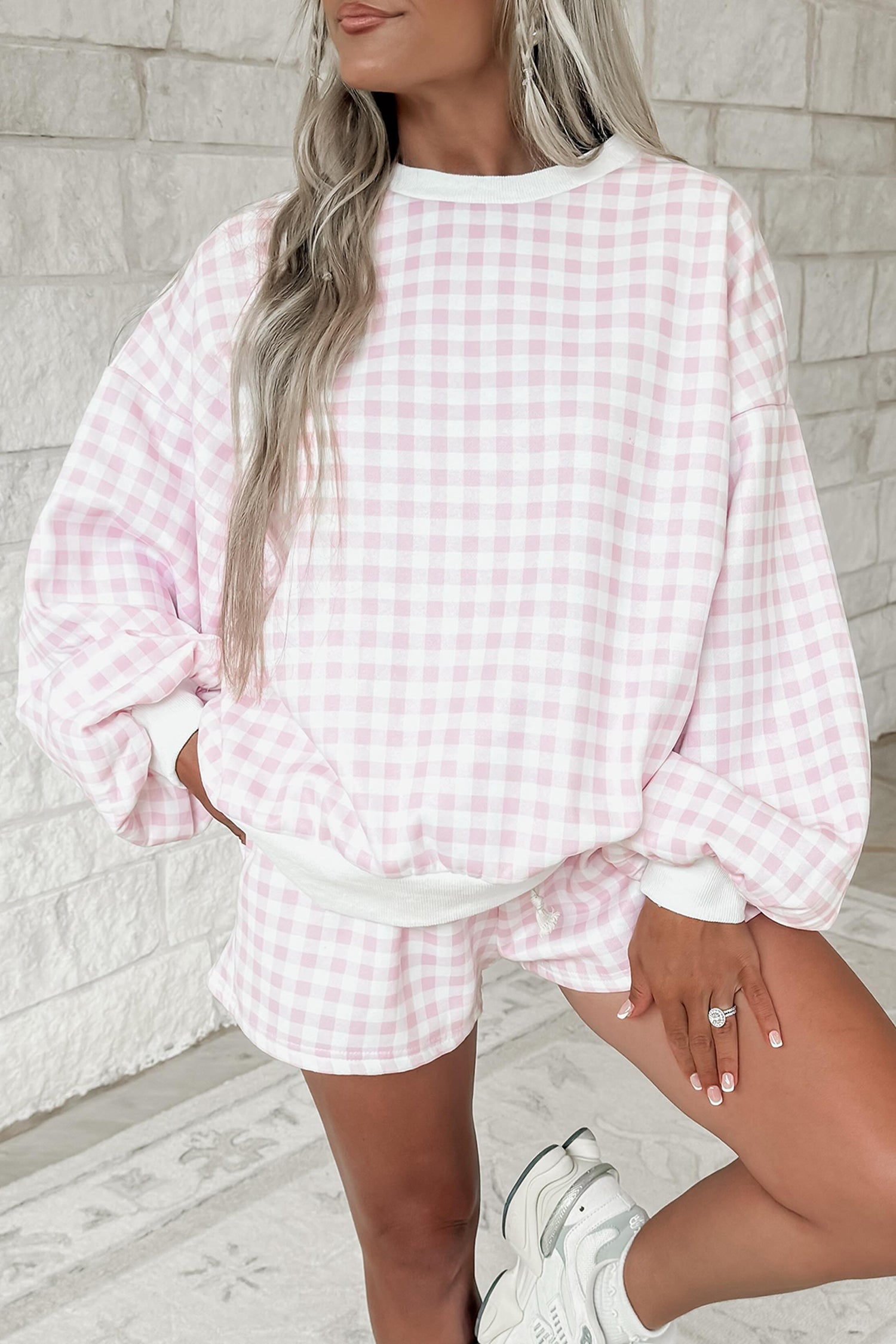 Himmelblå ternet poset pullover med træksnor Casual Shorts 2 stk. Outfit